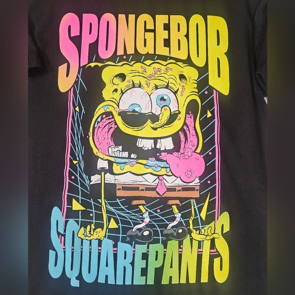 SpongeBob T-shirt Mens Medium Black Trippy Zombie Neon Graphic Halloween Tee NEW - Picture 2 of 5